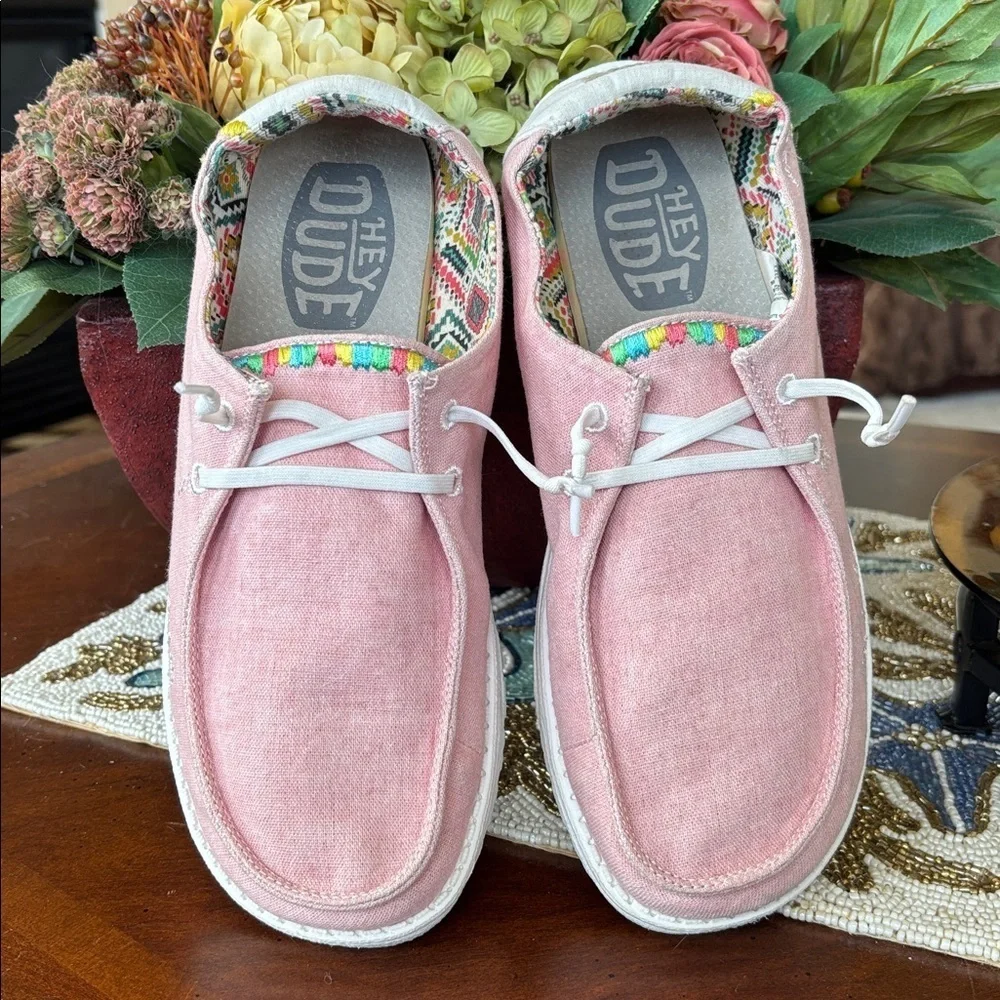 Hey Dude Wendy Boho Rose Pink Lightweight Slip-On Canvas Sneakers Colorful Trim